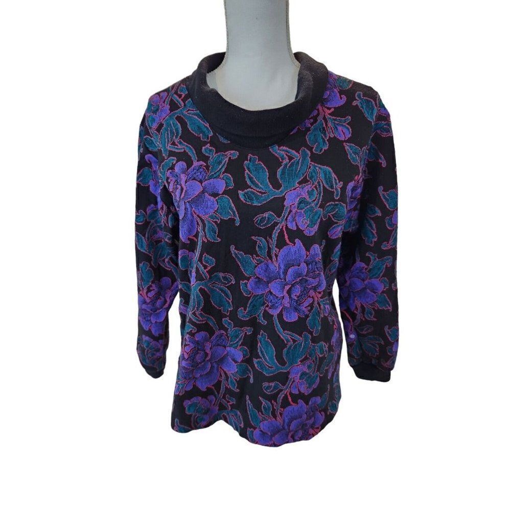 Vintage 80s Graff Purple Black Floral Long Sleeve M Lightweight Sweater Blouse